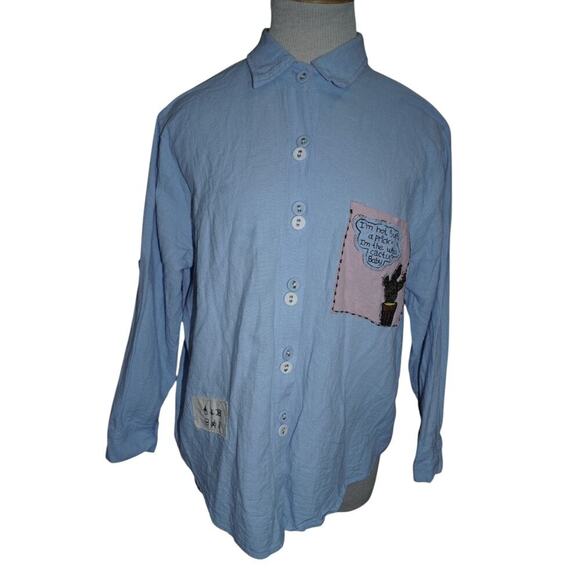 Handmade Blue Button-Up Shirt 100% Rami Embroidered Cactus Quote Graphic M - Picture 4 of 11